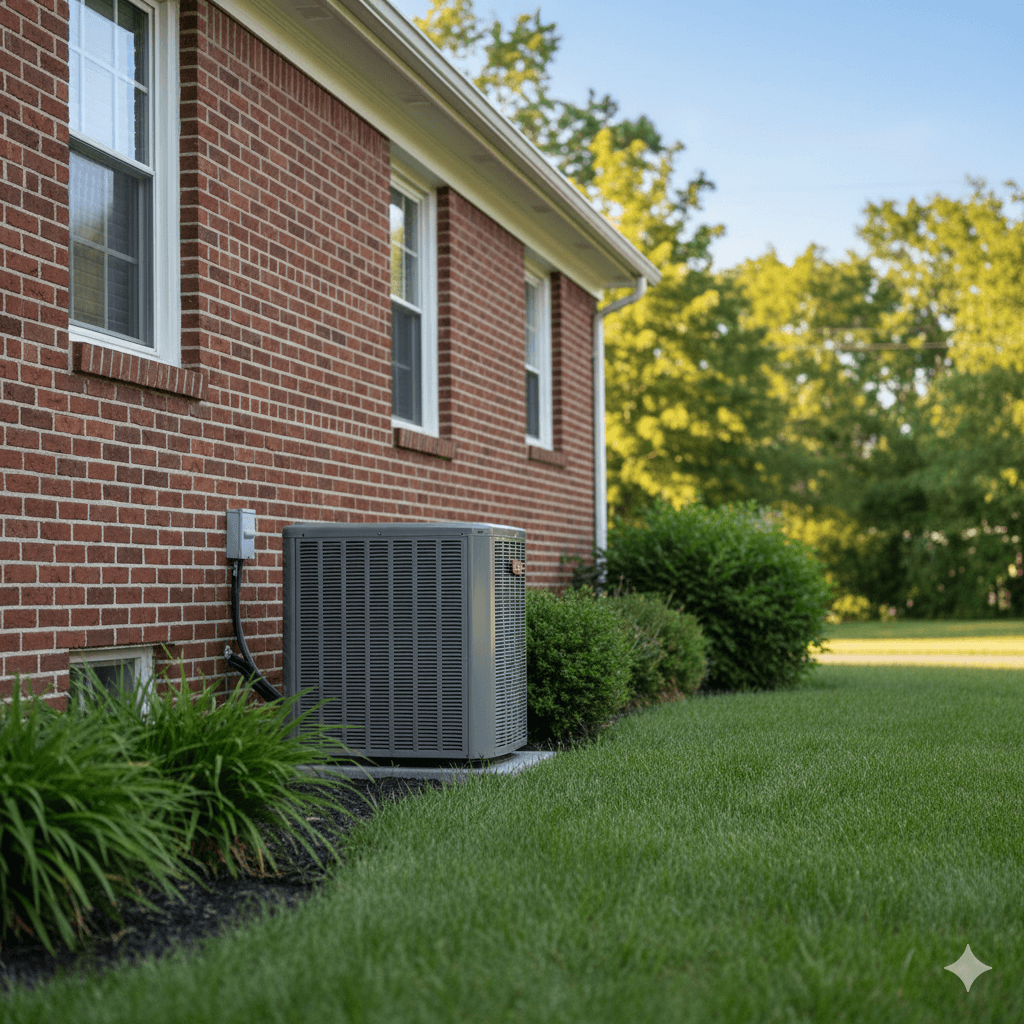 Row of New Jersey homes with central air conditioning condensers